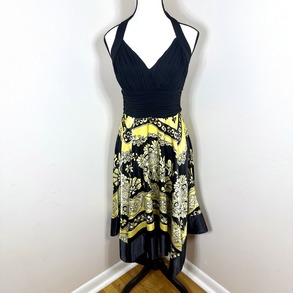 Y2K Halter Midi Dress Size 10 Black Yellow Handkerchief Hem Pinup 2000s Glam
